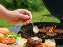 Domowy sos Big Mac – hit do burgerów z grilla Osoba przygotowująca domowego burgera na grillu, polewająca kotlet kremowym sosem Big Mac w ogrodzie wiosną