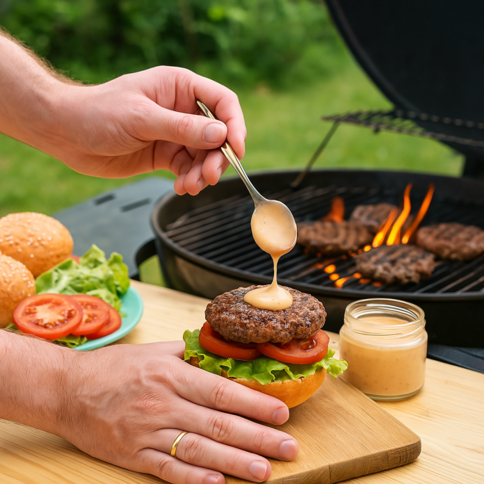 Osoba przygotowująca domowego burgera na grillu, polewająca kotlet kremowym sosem Big Mac w ogrodzie wiosną