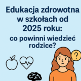 Ilustracja informacyjna przedstawiająca edukację zdrowotną w szkołach od 2025 roku – kobieta z pytajnikiem, ikony zdrowia