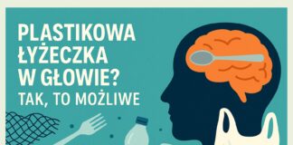 Ilustracja przedstawiająca plastikową łyżeczkę w mózgu człowieka jako metaforę mikroplastiku, z elementami odpadów plastikowych – butelką, siatką, rybą i sztućcami jednorazowymi.
