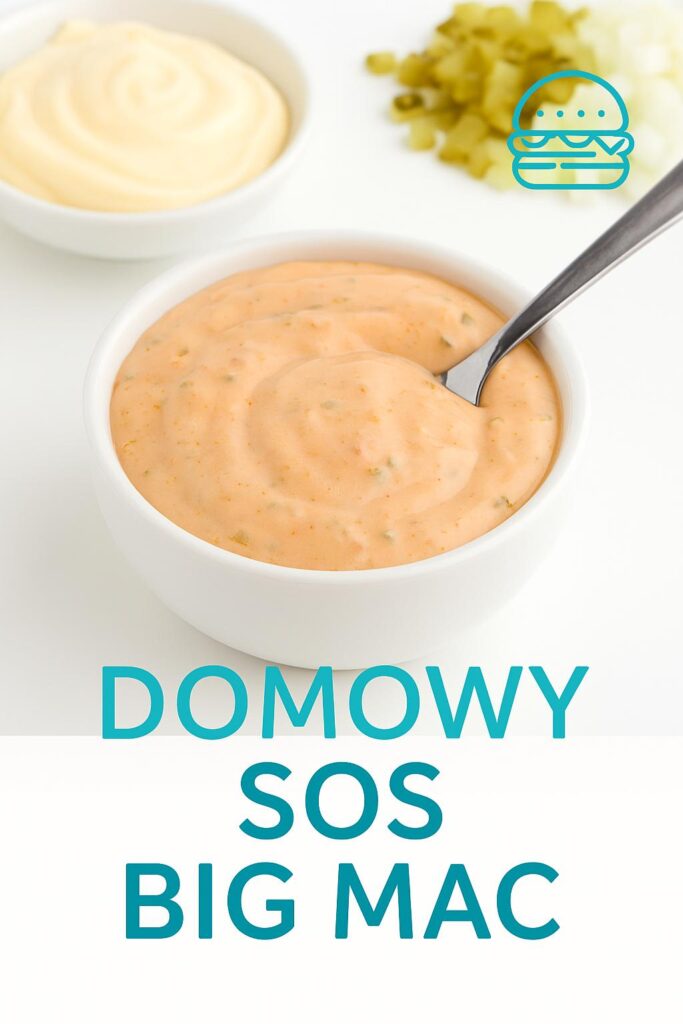 Miseczka z domowym sosem Big Mac na jasnym tle, z widocznymi składnikami obok