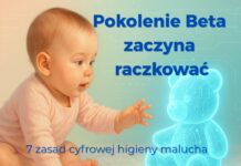 Niemowlę sięga po holograficznego misia AI – symbol pokolenia Beta i cyfrowej higieny