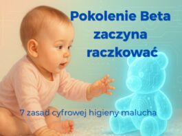 Niemowlę sięga po holograficznego misia AI – symbol pokolenia Beta i cyfrowej higieny