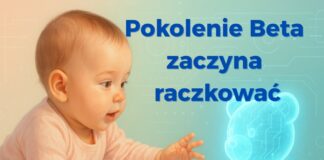 Niemowlę sięga po holograficznego misia AI – symbol pokolenia Beta i cyfrowej higieny
