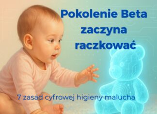 Niemowlę sięga po holograficznego misia AI – symbol pokolenia Beta i cyfrowej higieny