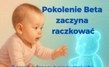 Niemowlę sięga po holograficznego misia AI – symbol pokolenia Beta i cyfrowej higieny