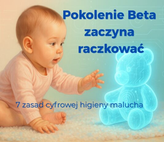 Niemowlę sięga po holograficznego misia AI – symbol pokolenia Beta i cyfrowej higieny