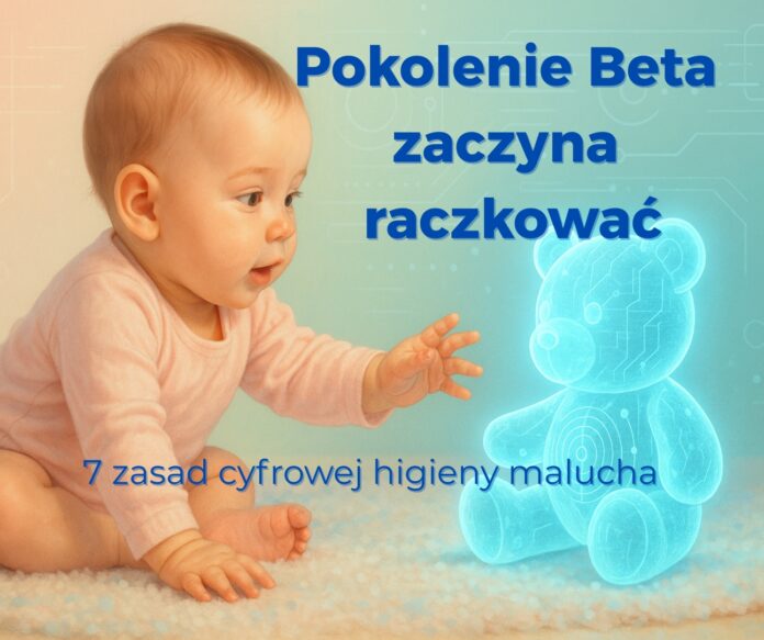 Pokolenie-Beta-zaczyna-raczkować Niemowlę sięga po holograficznego misia AI – symbol pokolenia Beta i cyfrowej higieny
