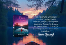 Jezioro z łódką o zachodzie słońca, obok widoczna okładka książki „Faza kokonu” Joanny Gajewczyk oraz krótki cytat od autorki.